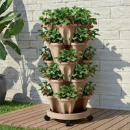 Detailed information about the product Green Fingers Garden Bed 5 Tier Vertical Garden Grey Strawberry Stackable Planters Herb Petunias Tan