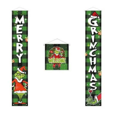 Grinch Christmas Banner Porch Sign Decor Merry Grinchmas Theme Yard Photography Home Office Fireplace New Year Party Supplies