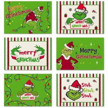 Grinch Placemats Set of 6,Polyester Linen Grinchmas Table Mats New Year Winter Xmas Decor Christmas Decoration Coasters Washable 30 x 45 cm