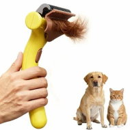 Detailed information about the product Grooming Rake for Dogs & Cats, Deshedding Brush for Long haired Pets, Dog Brush for Shedding with Release Button Yellow