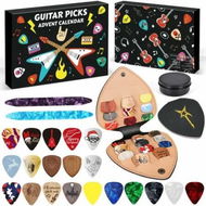 Detailed information about the product Guitar Picks Advent Calendar 2025,24-Day Countdown with 20 Celluloid & Wood Picks in Multiple Gauges,2 Oud Picks,Pick Holder & Metal Tin Case
