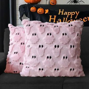 Halloween Ghost Decorative Pillow Covers 40x40cm Set of 2,Pink Soft Plush Faux Fur Farmhouse Throw Cushion Cases for Fall Autumn Holiday Home Decorations