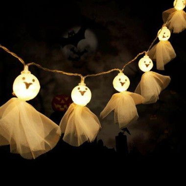 Halloween Ghost String Lights With 3M 20 LED Lace Ghost Wall Decor Battery Operated Fairy For Halloween Party Indoor Outdoor Hanging Lights Decorations (Warm White Light)