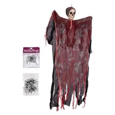 Halloween Haunted Hanging Ghost Decor Skull with Tattered Gauze Plus Spider Webbing and Plastic Spiders Bonus