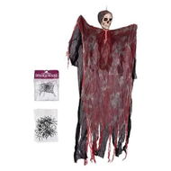 Detailed information about the product Halloween Haunted Hanging Ghost Decor Skull with Tattered Gauze Plus Spider Webbing and Plastic Spiders Bonus