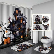 Detailed information about the product Halloween Shower Curtain Sets with Non Slip Rugs, Toilet Lid Cover and Bath Mat, Haunted House Pumpkin Shower Curtains with 12 Hooks