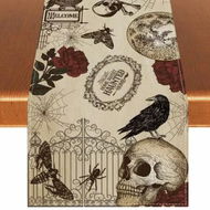 Detailed information about the product Halloween Table Runner Halloween Gothic Skull Tablecloth Day of The Dead Roses Skull Decor Halloween Decorations for Home Kitchen Table-33*183CM