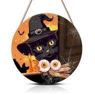 Detailed information about the product Halloween Welcome Front Door Signs Black Cat Sign Bat Wooden Plaques Spiderweb Witch Hat Wood Hanger Pumpkins Party for Doors Decor