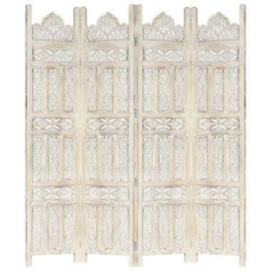 Hand carved 4-Panel Room Divider White 160x165 cm Solid Mango Wood