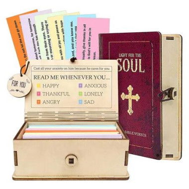 Handmade Bible Verse Cards Box with 150 pcs Cards, Bible Verses With Wooden Box for Emotion and Feeling, Inspirational Bible Gifts for Women Men