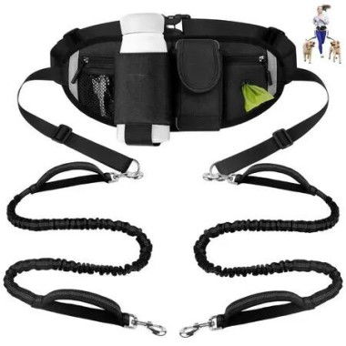 Hands Free Dog Leash for 2 Dogs with Dual Heavy-Duty Traffic Handle,Retractable Dog Walking Belt Adjustable Dog Running Waist Belt with Pouch