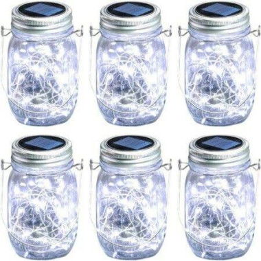 Hanging Mason Jar Solar Lights 6 Pack 20 LEDs IPX6 Waterproof Fairy Lights With Jars And Hangers Daylight Color