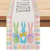 Detailed information about the product Happy Easter Table Runner 13 x 72 Inch Bunny Rabbit Pink Spring Holiday Burlap Buffalo Plaid Home Table Decor