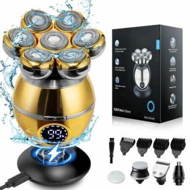 Head Shavers for Men 7D Electric Head Shaver 6-in-1 Wet Dry Rotary Head Razor with Dispaly, Men's Grooming Kit with Beard Nose Trimmer,Brush(Gold)