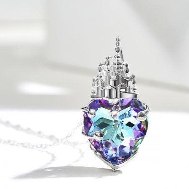 Heart Shaped Castle Crowned Stirling Silver Necklace - Blue Amethyst