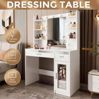 Hollywood Makeup Table Vanity Dresser White Dressing Desk Bedroom Furniture 10 LED Lighted Mirror 2 Drawers 6 Shelves Remote 16 Colour RGB Strip Light