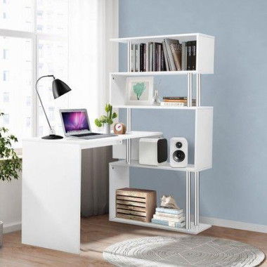 Home Office Computer Desk Corner Table Tier Bookshelf Storage L-Shaped Rotating Table White