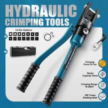 Hydraulic Crimping Tool Kit 10 Ton 14 Dies Electrical Wire Lug Terminal Crimper 12AWG 16-240mm Battery Cable Cutter Railing Power Force Auto Repairing