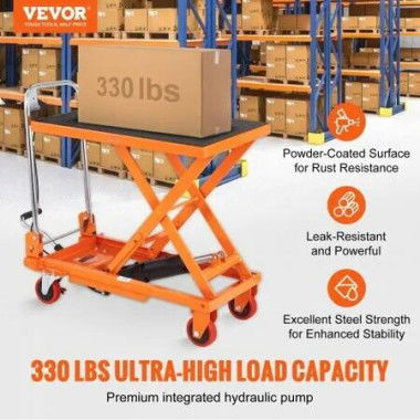 Hydraulic Lift Table Cart 330lbs Capacity 28.5' Lifting Height Manual Single Scissor Lift Table with 4 Wheels and Non-slip Pad Hydraulic Scissor Cart