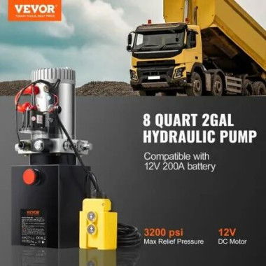 Hydraulic Pump 8 Quart Hydraulic Power Unit Single Acting Dump Trailer Pump 0.91 GPM Flow Rate 3200 PSI Max Relief Pressure DC 12V Hydraulic Pump