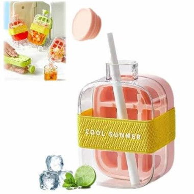 Ice Bottle Cup,2 in 1 Zero Touch Press Ice Cube Mold Water Bottle with Lid and Bin,Easy Press to Release Vertical Ice Cube Tray with Lid (Pink,500ML)