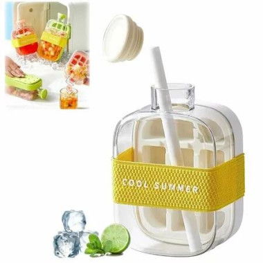 Ice Bottle Cup,2 in 1 Zero Touch Press Ice Cube Mold Water Bottle with Lid and Bin,Easy Press to Release Vertical Ice Cube Tray with Lid (White,500ML)