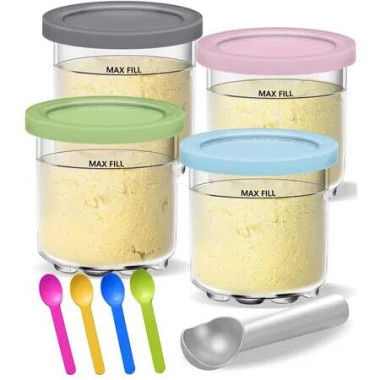 Ice Cream Containers Creami Pints Lids 4Pcs for Ninja Creamy Cups Jars Tubs Canisters Set Smoothie Pot NC299AMZ NC300s Series Dessert Maker