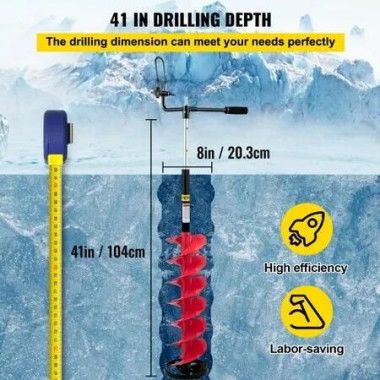 Ice Drill Auger, 8'' Diameter Nylon Ice Auger, 41'' Length Ice Auger Bit, Auger Drill with 14'' Adjustable Extension Rod, Rubber Handle, Drill Adapter, Replaceable Auger Blade for Ice Fish