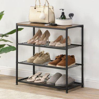 IHOMDEC 4-Tier Tower Metal & Faux Antique Wood Shoe Rack