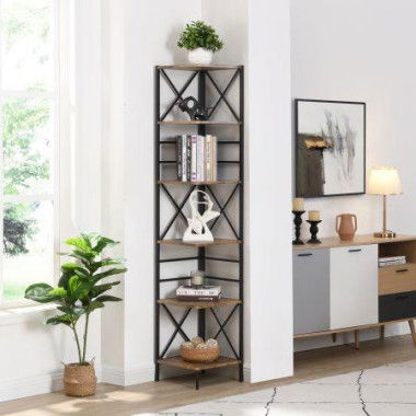 IHOMDEC Industrial 6-Tier Square Corner Bookshelf 186.5cmH Rustic Dark Brown.