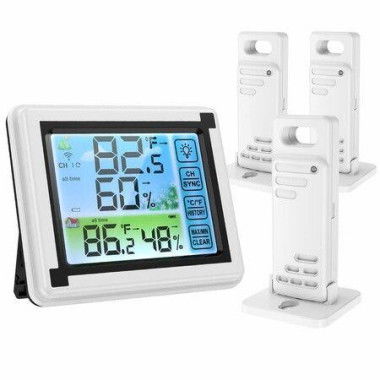 Indoor Outdoor Thermometer 3 Sensors Digital Wireless Hygrometer Room Thermometer Humidity Meter With Touchscreen Min/Max Records For Home Office.