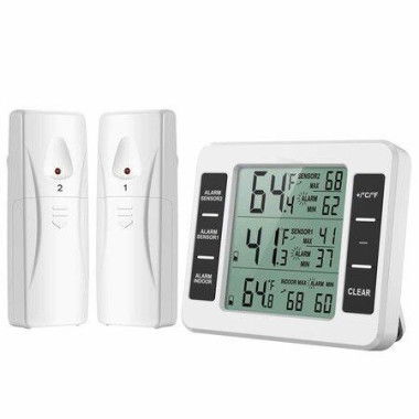 Indoor Outdoor Thermometer, Freezer Refrigerator Fridge Thermometer Digital with 2 Sensors, Wireless Temperature Alarm, Min/Max Trend Display