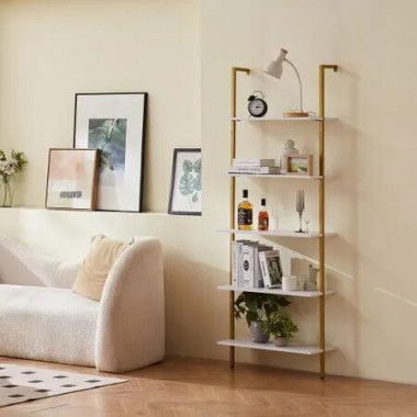 Industrial Square Pipe Shelf 5 Tier 64x30x182.5cm Wall-Mount Gold White
