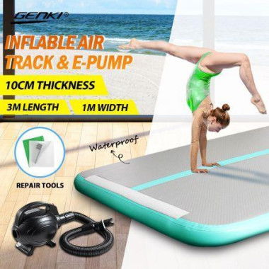 Inflatable Airtrack Air Track Gymnastics Mat Tumbling With Electric Pump 3x1x0.1m Green.