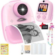 Detailed information about the product Instant Print Camera,1080P Dual Front and Rear Digital Cameras,Includes 3 Rolls of Photo Paper,32GB Card,Beautiful Pendant - Gift for Children Ages 3+,Pink
