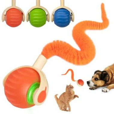 Interactive Cat Dog Toy Ball,Automatic Moving Smart Pet Chase Ball with Feather Tail,Electric Rechargeable Enrichment Toys (Orange)