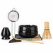 Japanese Matcha Whisk Set,7 Piece Kit Bamboo Chasen,Ceramic Bowl with Spout,Stainless Steel Sifter & Holder Black. Available at Crazy Sales for $29.99