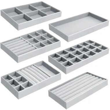 Jewellery Tray,Velvet Jewellery Insert for Drawers,Stackable Jewellery Organiser,Jewellery Storage Drawer for Earrings,Ring,Bracelet,Brooches,Necklaces 6Pcs (Grey)