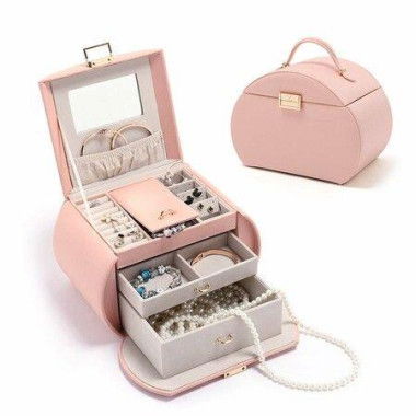 Jewelry Box 3 Tier Travel Jewelry Boxes Pu Leather Jewelry Handbag Organizer Gift For Her Mother Day Pink