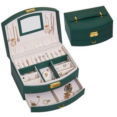 Jewelry Organizer 2-Layer Jewelry Boxes PU Leather For Earrings Rings Bracelets For Mothers Day Gift (Green)