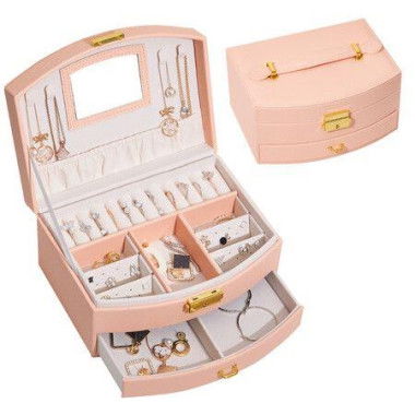 Jewelry Organizer 2-Layer Jewelry Boxes PU Leather For Earrings Rings Bracelets For Mothers Day Gift (Pink)