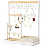 Detailed information about the product Jewelry Organizer Stand with Velvet Ring Holder,4 Tier Jewelry Holder Organizer with 15 Hooks Necklace Organizer and Watch Bracket Holder,Jewelry Stand with 16 Holes for Earring Holder,White