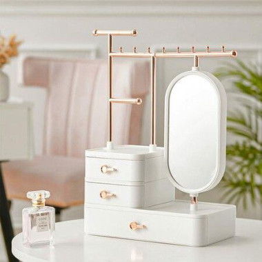 Jewelry Organizer With HD Mirror Bracelets Necklace Earring Organizer With 3-Layer Drawer - White & Gold.