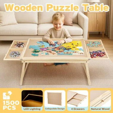 Jigsaw Puzzle Table 1500 Piece Wooden Board Games Desk Tray Craft Storage Organiser Holder Portable Foldable Legs 4 Drawers Adjustable LED Light Strip