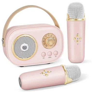 Karaoke Machine Mini Portable Bluetooth Speaker 2 Wireless Microphones Stereo Sound Bass Enhanced Pink Gift Kids Party Fun Age 3+