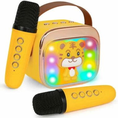 Karaoke Machine with 2 Karaoke Microphones,Portable Bluetooth Speaker with LED Light and Voice Change Effects,Gifts for Ages 5-12 Boys,Girls-Yellow