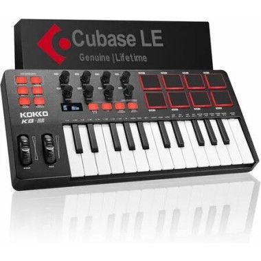 KB-25 25 Key MIDI Controller With 8 Backlit Drum Pads, 8 Knobs and Pitch Bend Wheel, Modulation Wheel for Music Production, Cubase LE Software Included