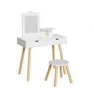 Detailed information about the product Keezi Kids Dressing Table Vanity Makeup Chair Set with Mirror Drawers Wooden Legs