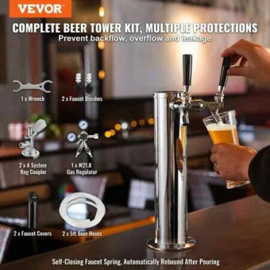 Kegerator Tower Kit, Dual Taps Beer Conversion Kit, Stainless Steel Keg Beer Tower Dispenser with Dual Gauge W21.8 Regulator & A-System Keg Coupler, Beer Drip Tray for Party Home