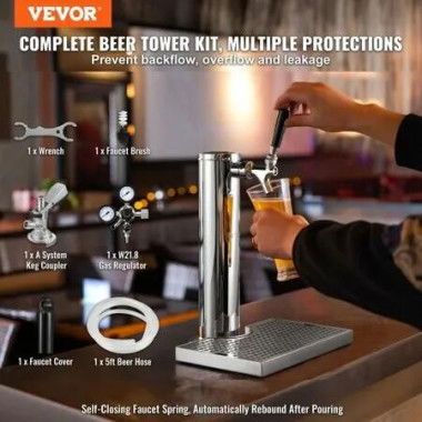 Kegerator Tower Kit, Single Tap Beer Conversion Kit, Stainless Steel Keg Beer Tower Dispenser with Dual Gauge W21.8 Regulator & A-System Keg Coupler, Beer Drip Tray for Party Home